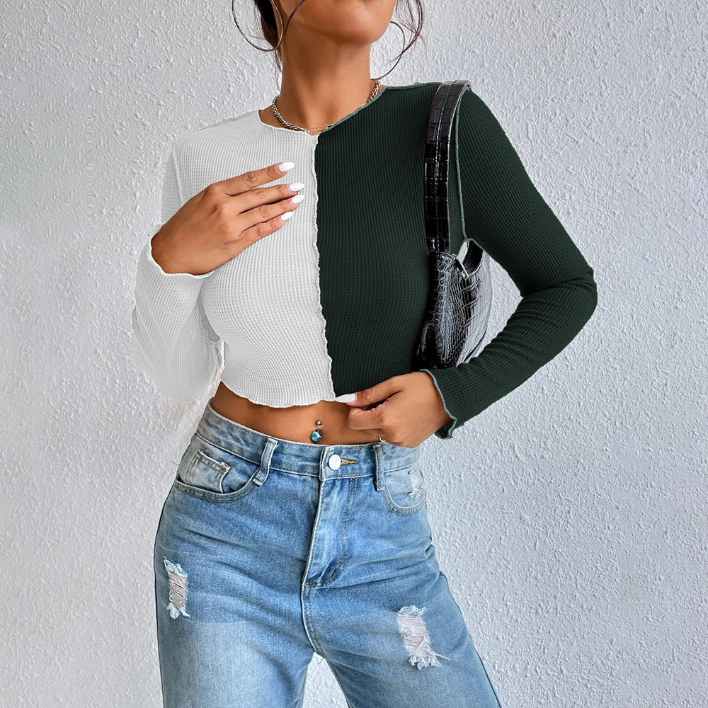 2024 European and American women's clothing contrasting color splicing sewing line exposed short waffle long-sleeved T-shirt autumn and winter versatile top