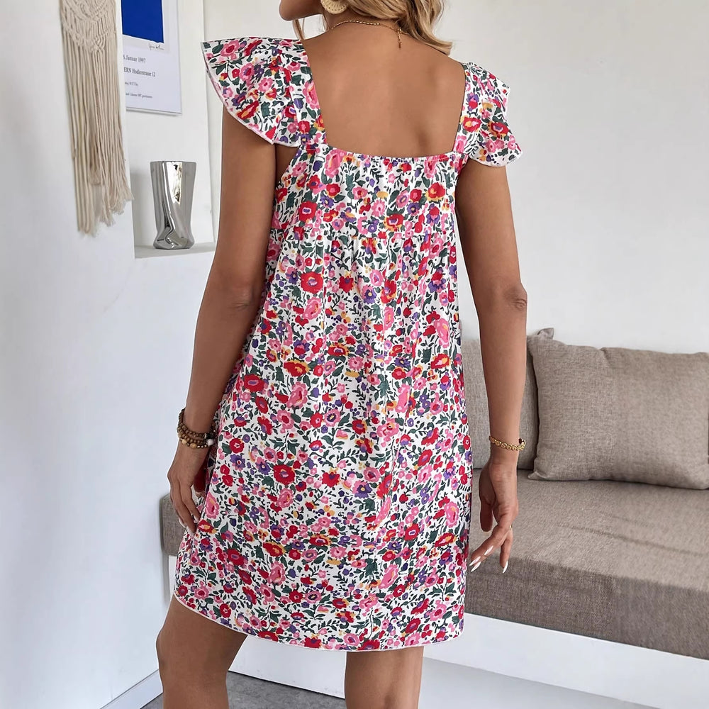 Amazon fashion cross-border bohemia style floral flying sleeve square neck dress vacation style a-line skirt