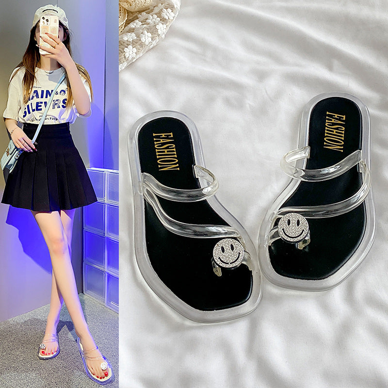 European and american fashion rhinestone smiley face flip-flops, transparent beach sandals, slimming summer outerwear, versatile casual slides