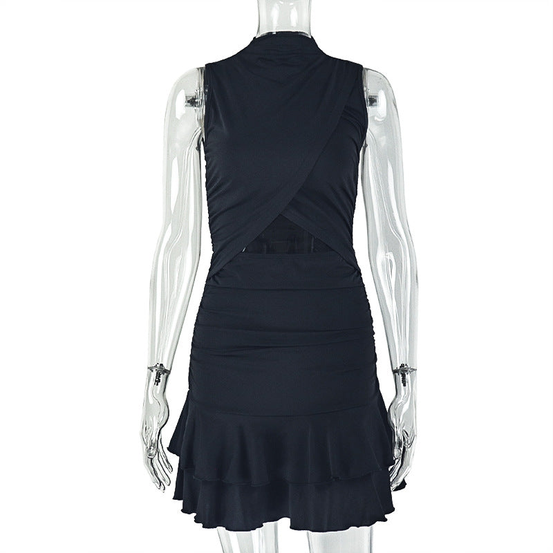 European and american style ins cross-border pure color fashion women's pleated waist a-line skirt round neck cut outruffles short dress