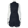 European and american style ins cross-border pure color fashion women's pleated waist a-line skirt round neck cut outruffles short dress