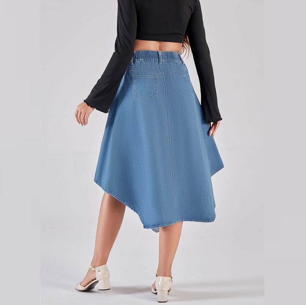 European and american style women's denim midi skirt -  cross-border fashion, streetwear trendy elastic waist asymmetrical denim skirt