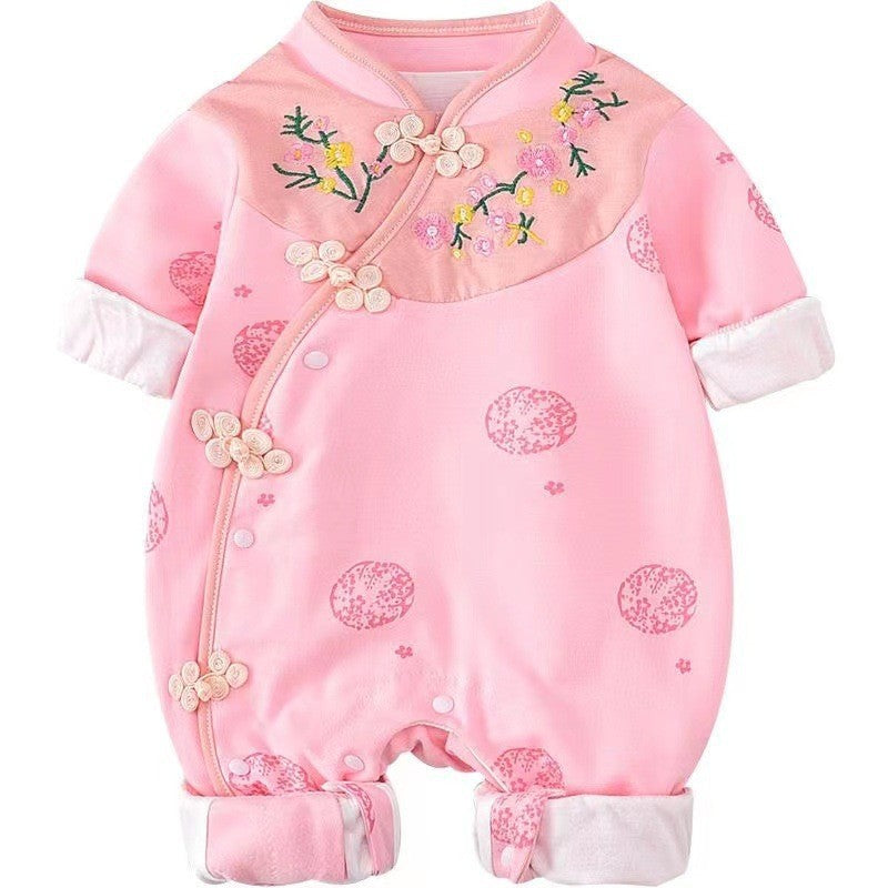 Newborn and infant baby girl clothes - spring/autumn chinese style full month celebration outfit - side-opening embroidered peach blossom double-layer romper