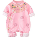 Newborn and infant baby girl clothes - spring/autumn chinese style full month celebration outfit - side-opening embroidered peach blossom double-layer romper