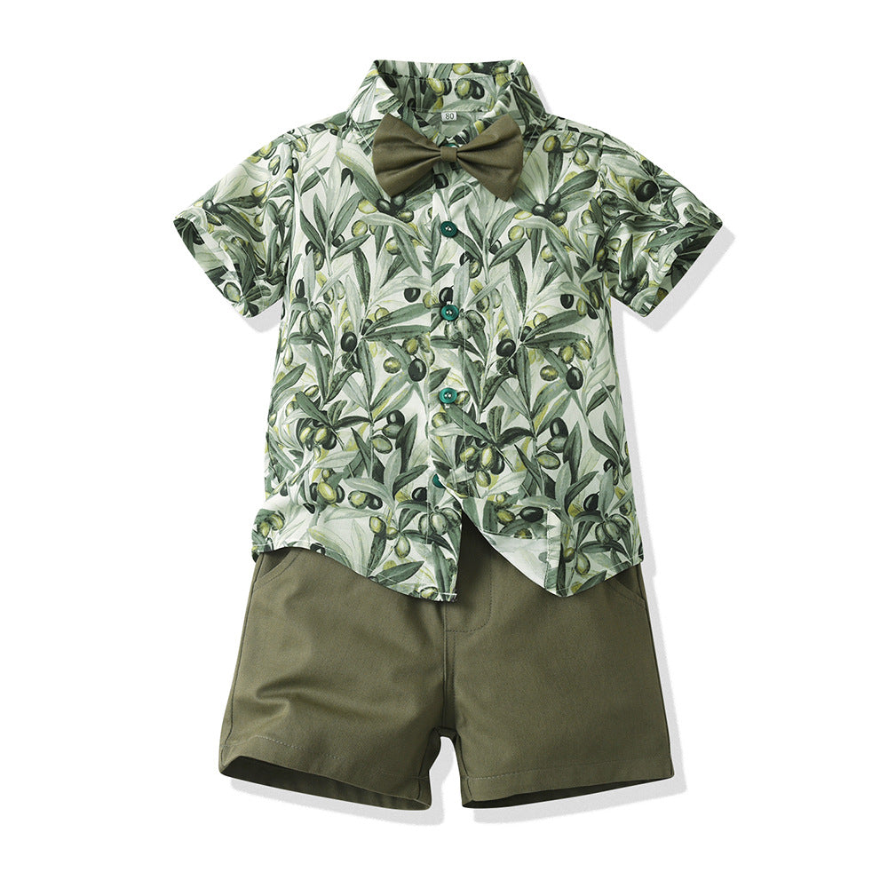 Boys' beach outfit set: new summer vacation short-sleeve shirt, hong kong style, island vibe, lightweight two-piece set for boys