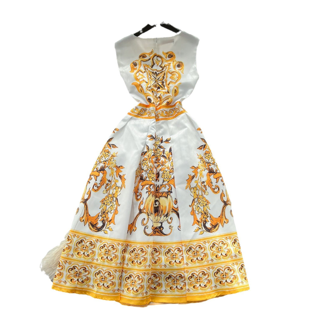 European and american high-end fashion women's vintage style position print slimming waist elegant round neck sleeveless dress