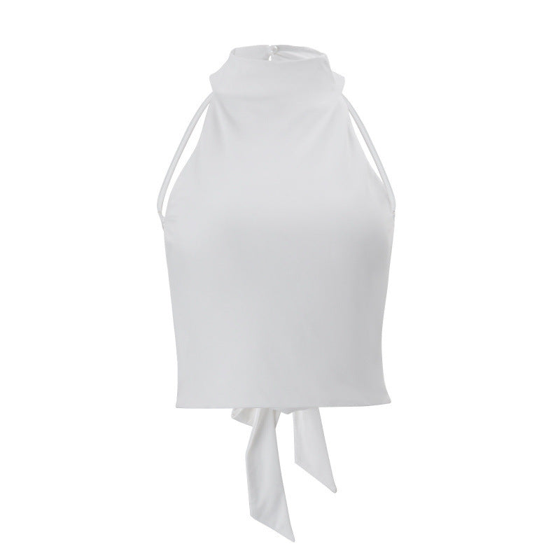 European and american style women's spring  new fashion solid color stand collar halter neck backless short sleeveless tank top