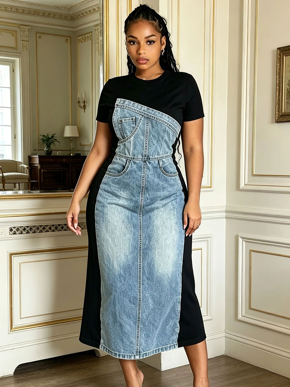 european and american cross-border  denim patchwork midi dress - unique design for women