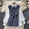 Luxury chic women's set: relaxed fit long sleeve white blouse top + slit knit vest two-piece fashion outfit