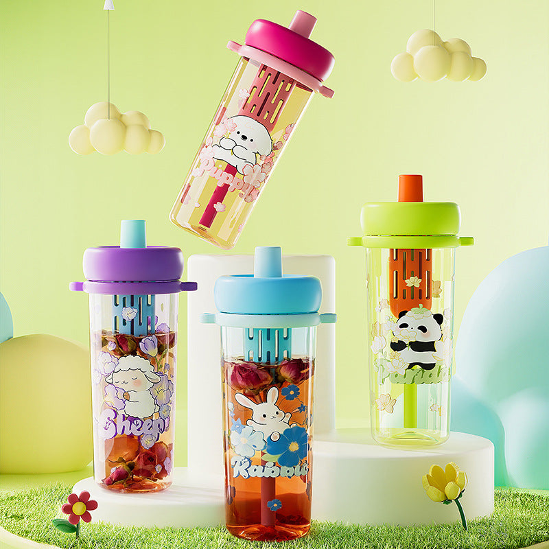Cute cartoon animal straw cup - extra large capacity, high temperature resistant, with infuser, multi-purpose, stylish student water bottle