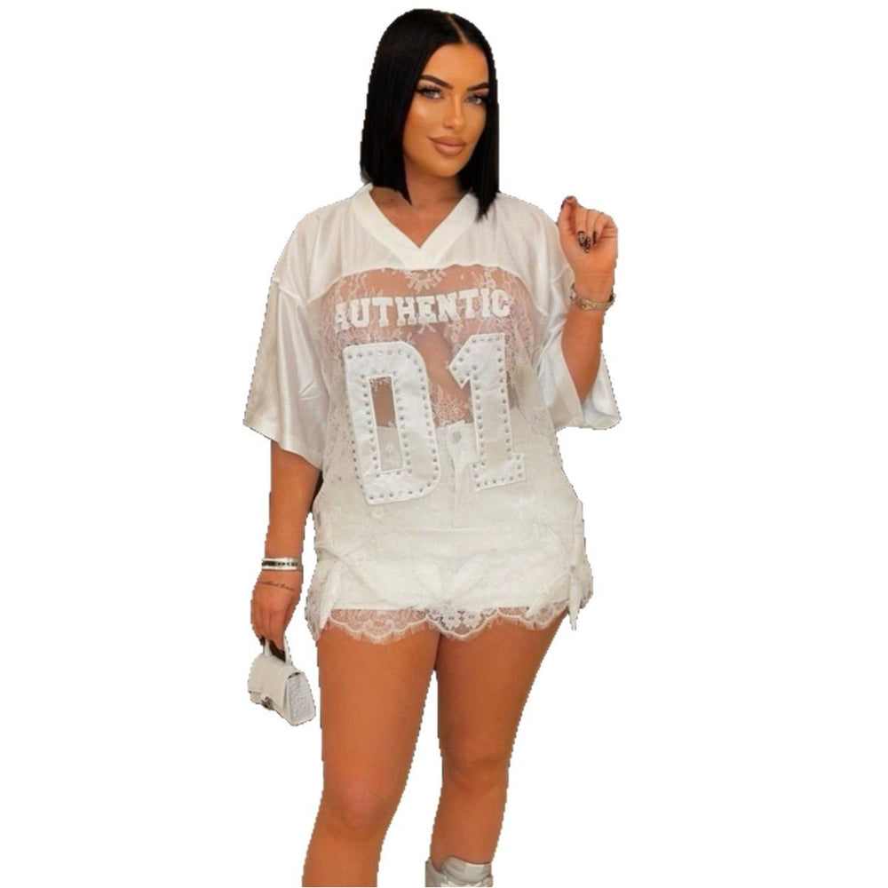 new arrivalfashionprintingloosecasual street see-through sexylacepatchwork t-shirt short-sleeved tops