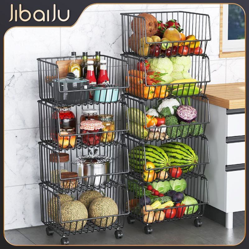 Kitchen basket storage rack, freestanding multi-tier fruit and vegetable organizer, multi-functional oven and microwave rack, pot and pan shelf