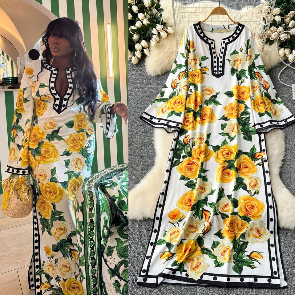 European and american style high-end flared long sleeve dress - women's luxury retro print round neck slit loose elegant maxi dress
