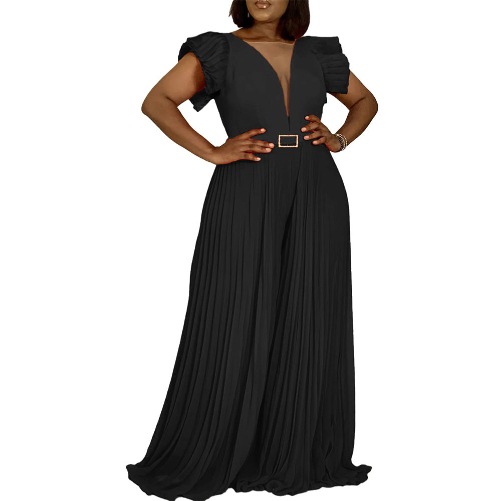 Amazon european and american women's summer new fashion patchwork sexy pleated high waist loose wide leg pants foreign trade jumpsuit