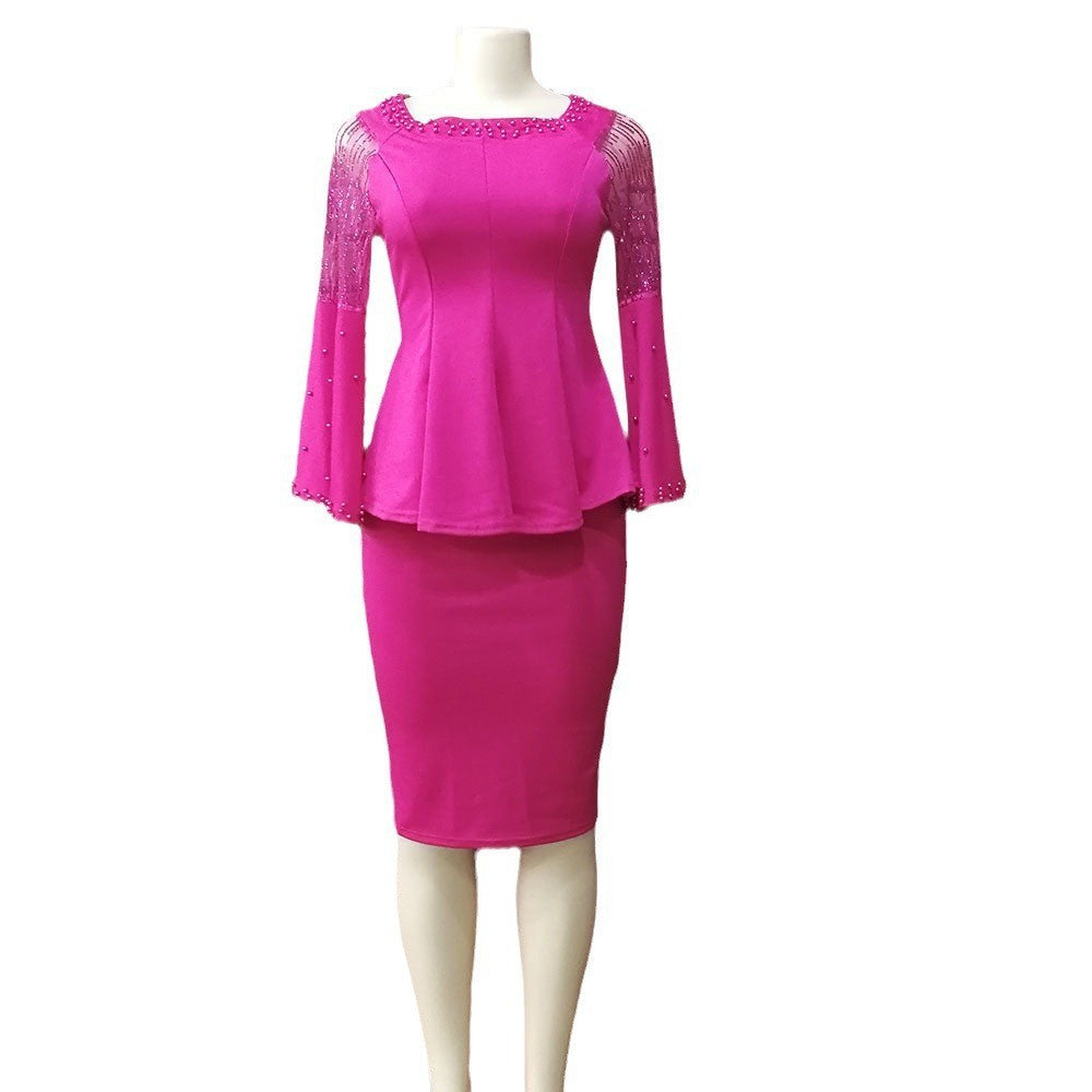 supply horn sleeves beaded sparkling sequin waist lotus leaf tops + skirt suit hot sale special price big sale