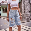 foreign trade european and american women's clothing  new arrival ripped slimming look denim washed raw edge 5-point pants casualshorts