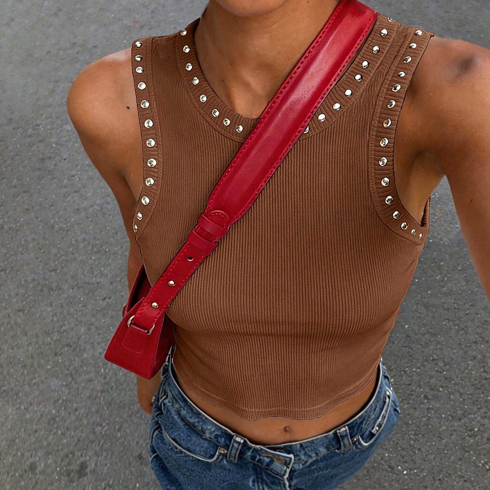 S391586 european and american street style brown ribbed studded tank top - hot girl slim fit sleeveless top - cross-border supply