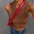 S391586 european and american street style brown ribbed studded tank top - hot girl slim fit sleeveless top - cross-border supply