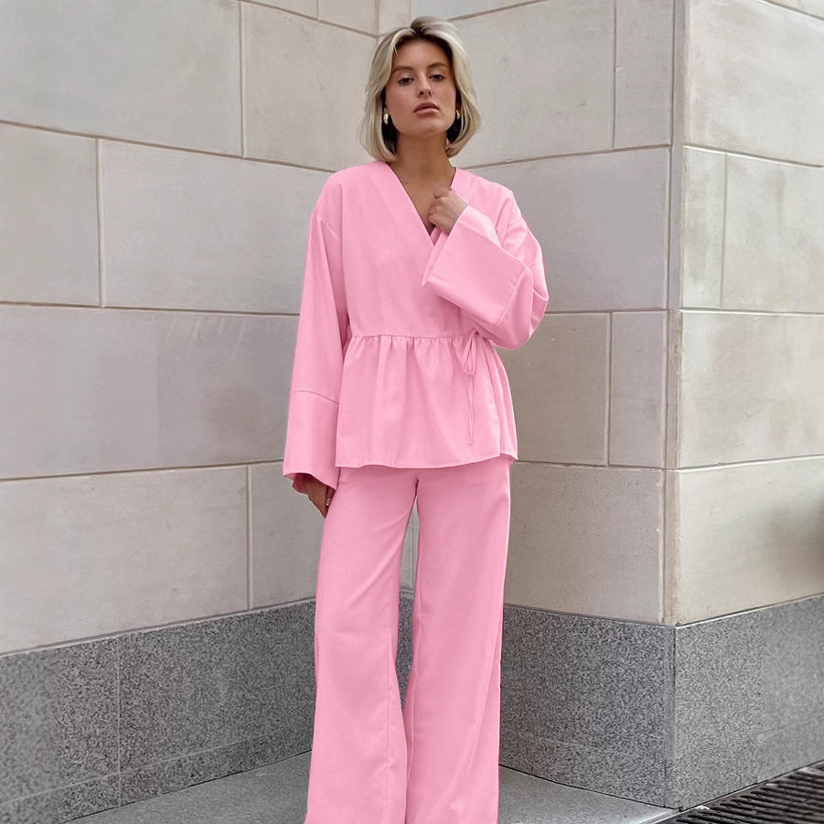 European and American elegant pure cotton v-neck lace-up cardigan top trousers two-piece set women's autumn loose fashion suit women's clothing