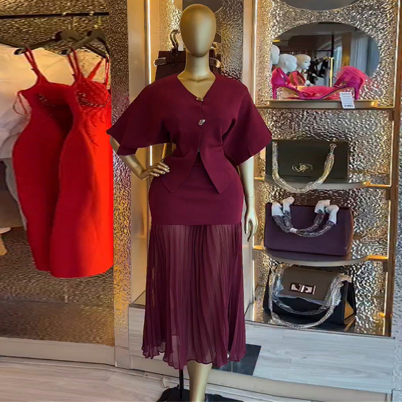 European and american women's clothing  autumn new sweet and fresh v-neck batwing sleeve blouse and high-waisted bodycon midi skirt two-piece set