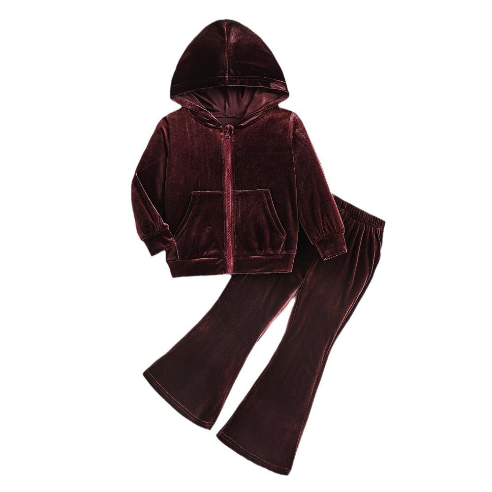 Girls' gold velvet tracksuit set: hooded zip-up top & flare leg pants - two-piece outfit for kids