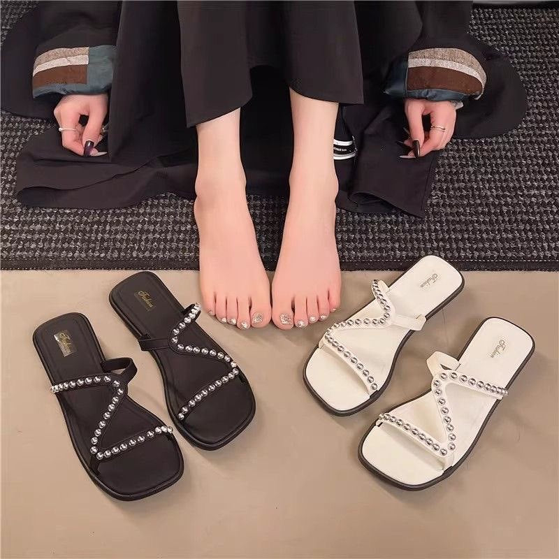 2026 new fashion versatile summer french silver pearl elegant home & outdoor beach sandals for women