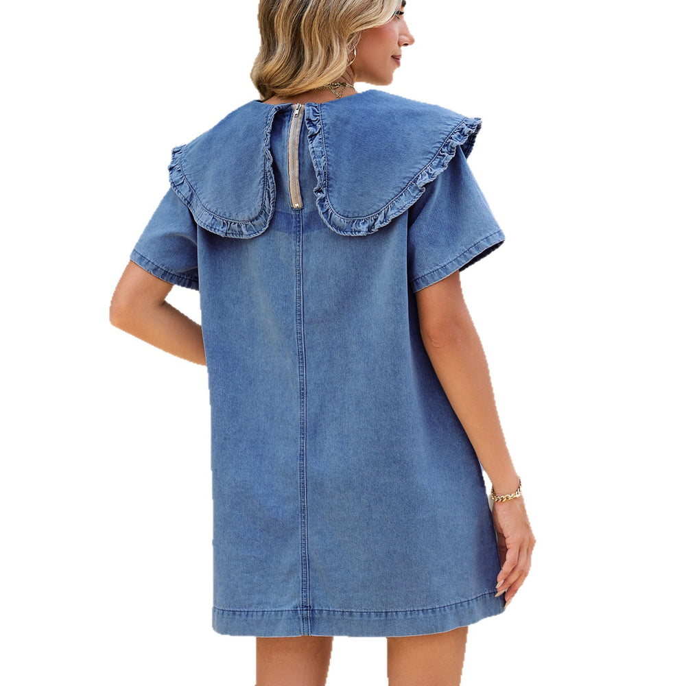 Fashion cross-border foreign trade  new arrival fungus edge large lapel short sleeve side flap pocket pants washed denim dress