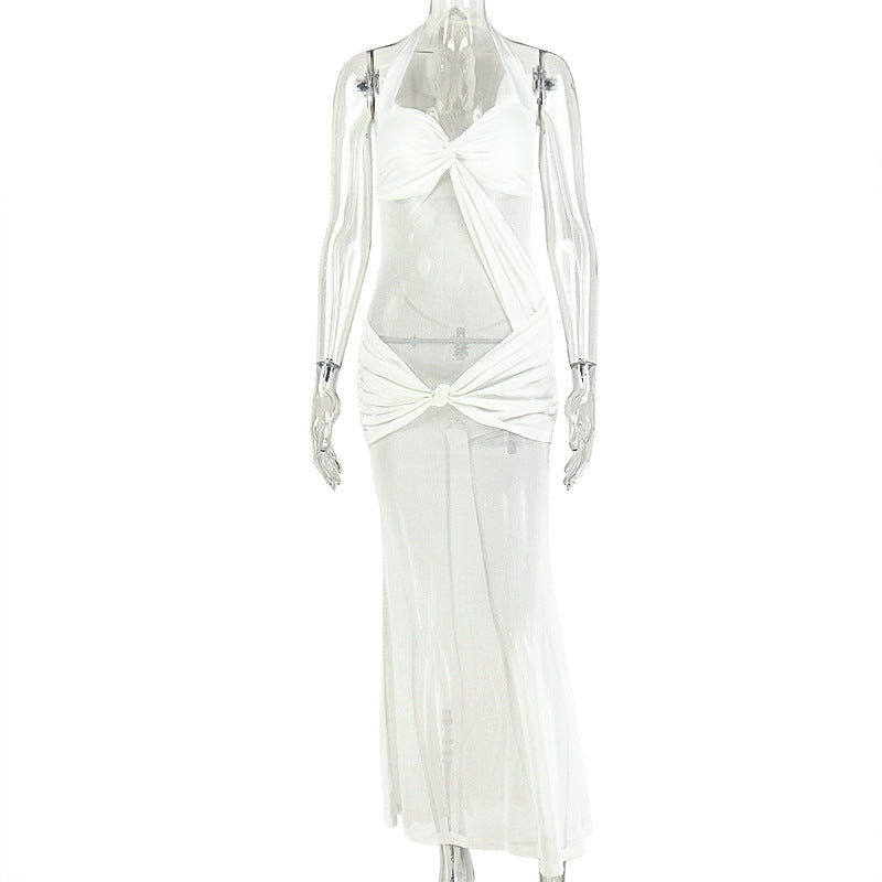 European and american style cross-border vacation solid color women's micro-stretch tie-neck bodycon mini dress sexy mesh home wear maxi dress