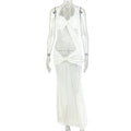 European and american style cross-border vacation solid color women's micro-stretch tie-neck bodycon mini dress sexy mesh home wear maxi dress