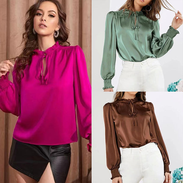 Europe, America 2025 spring  new elegant solid color round neck long sleeve strap straight satin blouse shirt women