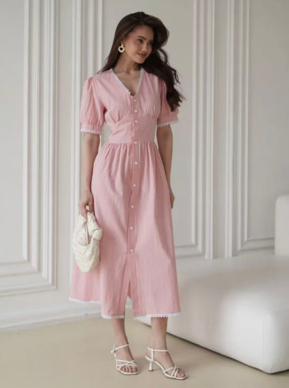 Hepburn style lace high-end dressplus size covers the flesh and covers the crotch, waist slimming look over pink slimming look