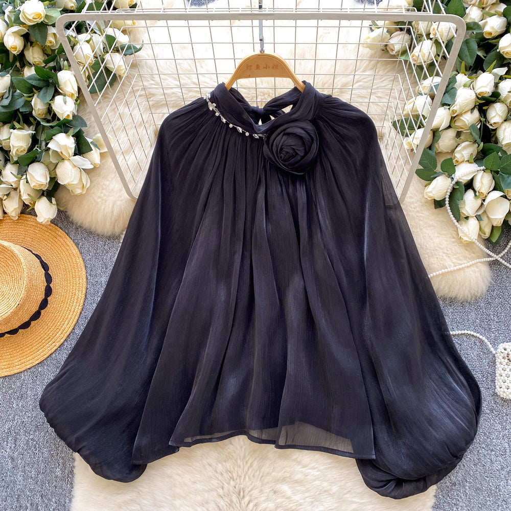 Gentle wind red bell sleeve satin pleated shirt women's spring summerlooseslimming lookfrenchelegantwork clothingtops