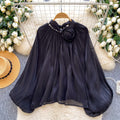 Gentle wind red bell sleeve satin pleated shirt women's spring summerlooseslimming lookfrenchelegantwork clothingtops