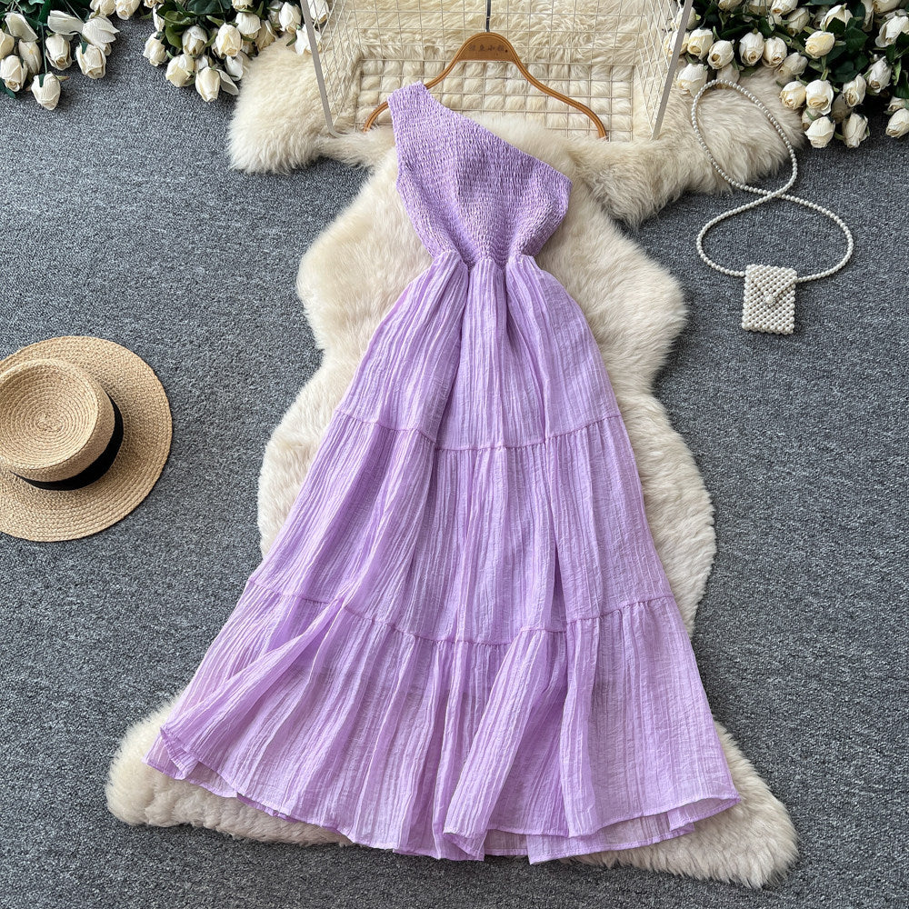 Accessible luxury socialite style sleeveless slanted shoulder silmdress women's summer pleated waist slimming look a-line skirtelegant dress