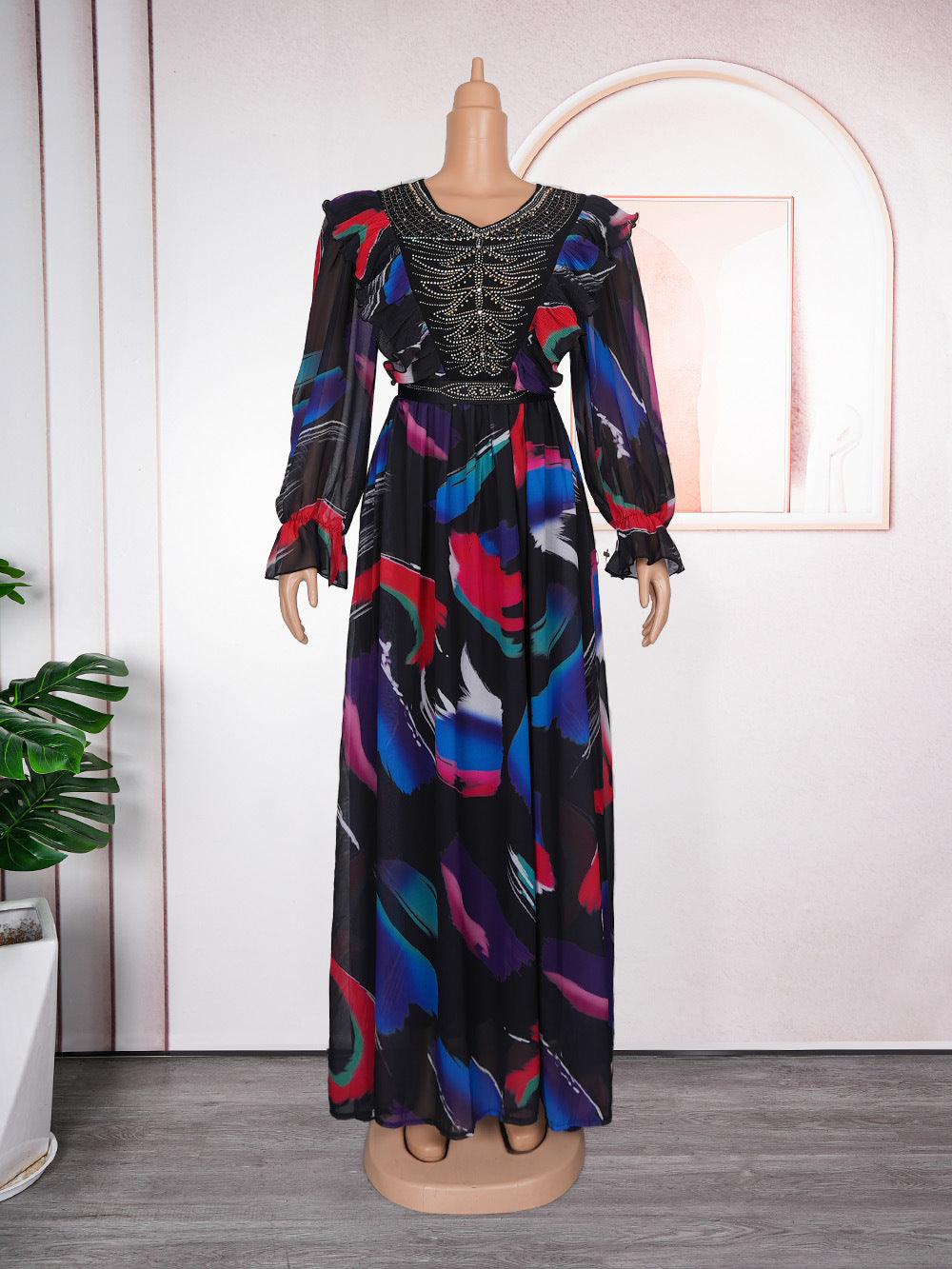 European and american new arrival african plus size women's v-neck dress - in stock, ready to ship -  cross-border e-commerce, chiffon printed maxi dress