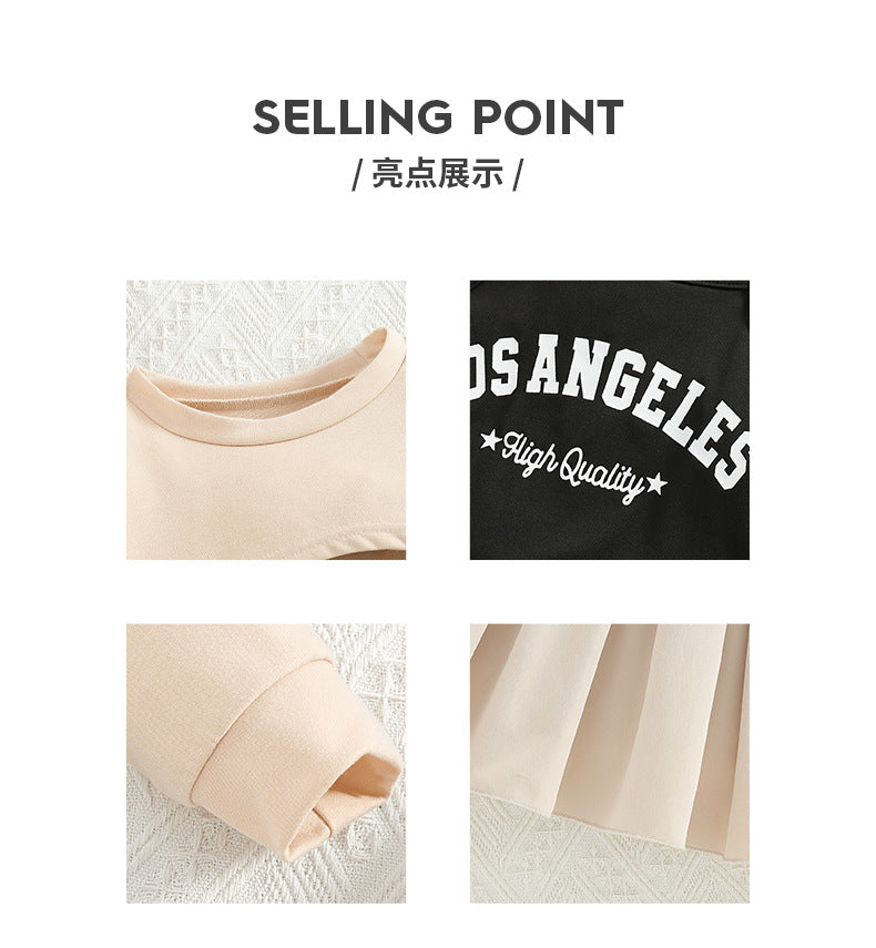 girls' three-piece set: apricot-colored cropped sweatshirt, camisole top, and high-waisted pleated mini skirt – a sporty kids' outfit