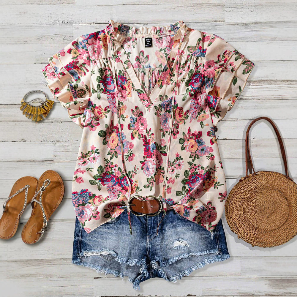 Export plus size casual floral shirt with fungus edge neckline and straps v neck full-width flower printing short-sleeved snow