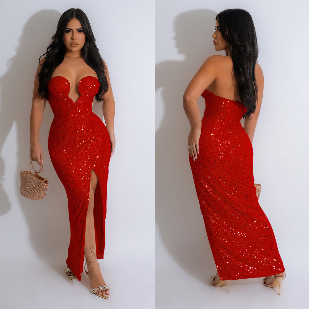 C6782 cross-border   fashion women's solid color sexy sequin backless maxi dress