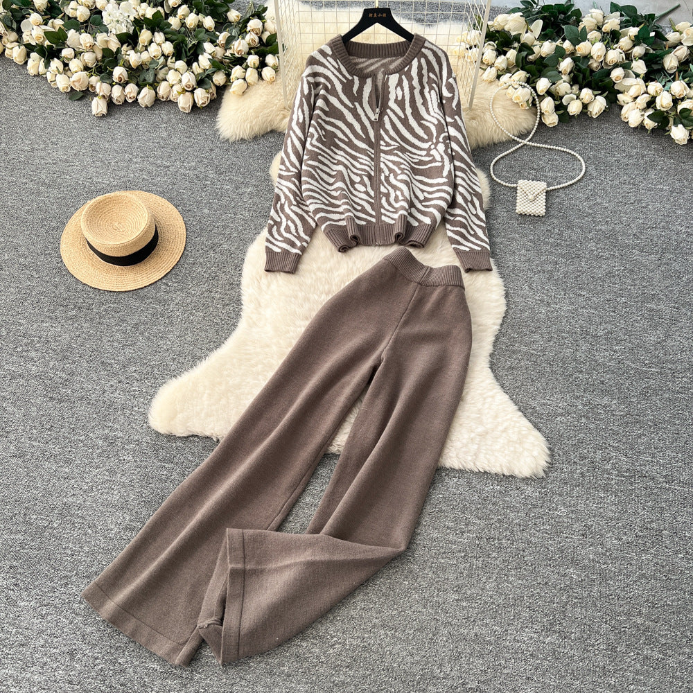 European style fashion set for women - autumn loose casual versatile crew neck long sleeve printed knit top & high waist wide leg pants