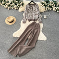 European style fashion set for women - autumn loose casual versatile crew neck long sleeve printed knit top & high waist wide leg pants