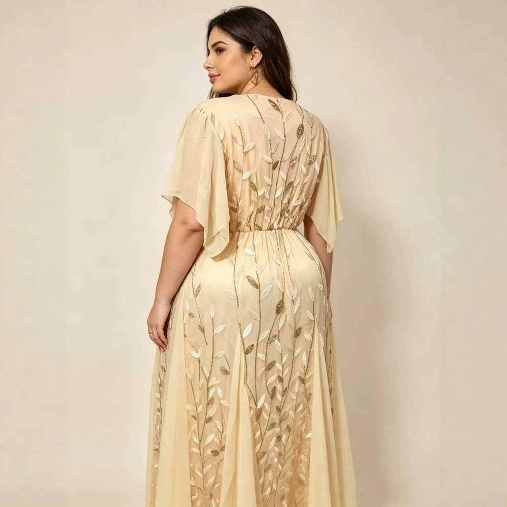 European and american plus-size women's clothing:  summer new arrival - short sleeve v-neck, cinched waist, ruched mesh panel long dress