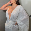 2025 new european and american style sequin patchwork halter backless dress with slit, slim fit, mature chic v-neck sexy dress