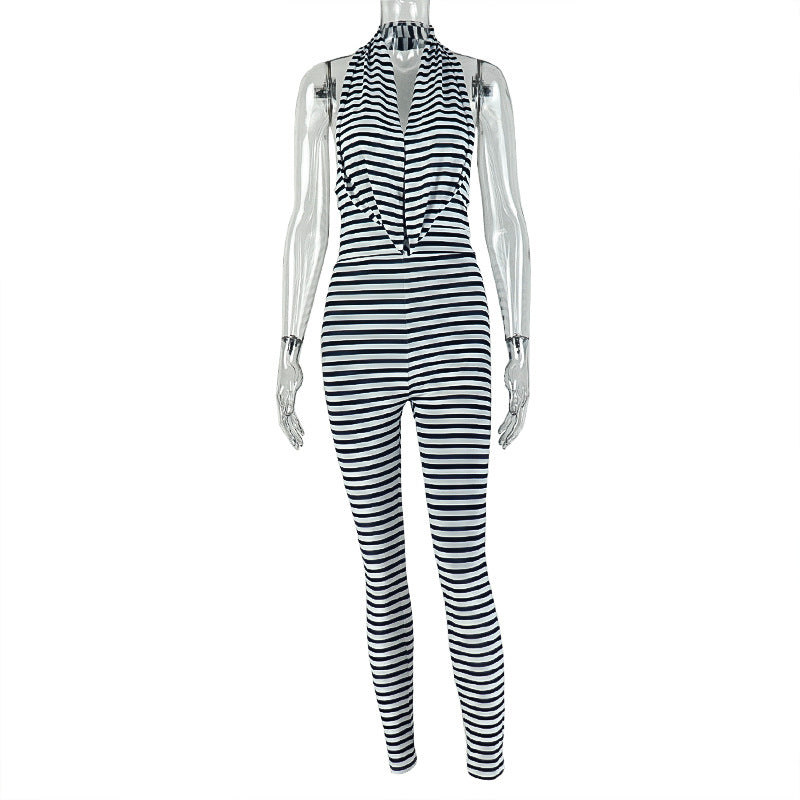 European and american style cross-border striped print women's bodycon pleated loose fit sporty jumpsuit - going out high neck long romper