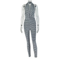 European and american style cross-border striped print women's bodycon pleated loose fit sporty jumpsuit - going out high neck long romper