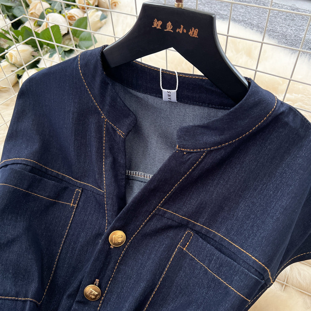 Frenchretrov neck metal buckle topstitch waist elegant sleeveless dress women's summer slimming lookelegance denim long skirt