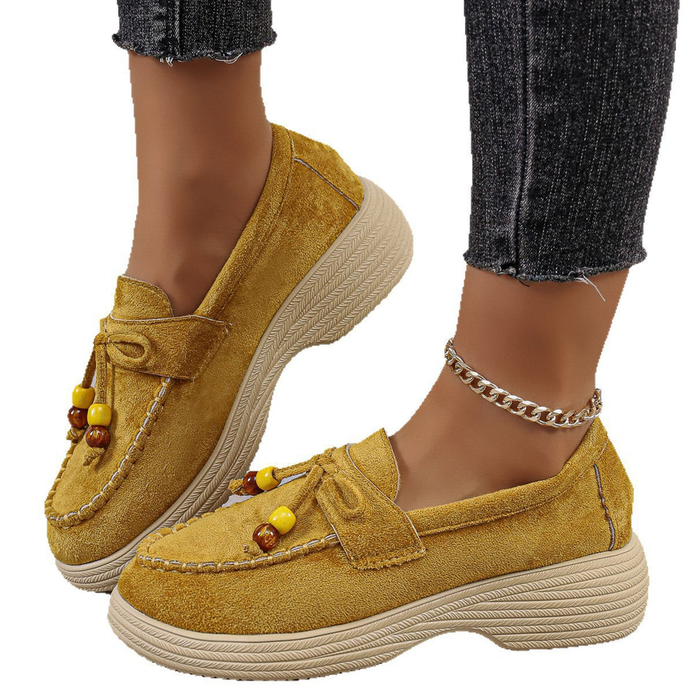 Fashionexport suede platform bottomcasuallow ankle beaded flats women's spring new arrival lightweight pure color cloth loafers