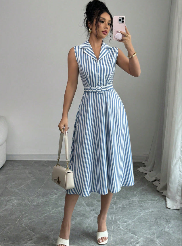 new european and american cross-border  hot-selling striped waist-defining maxi dress - elegant, slimming, sleeveless a-line skirt