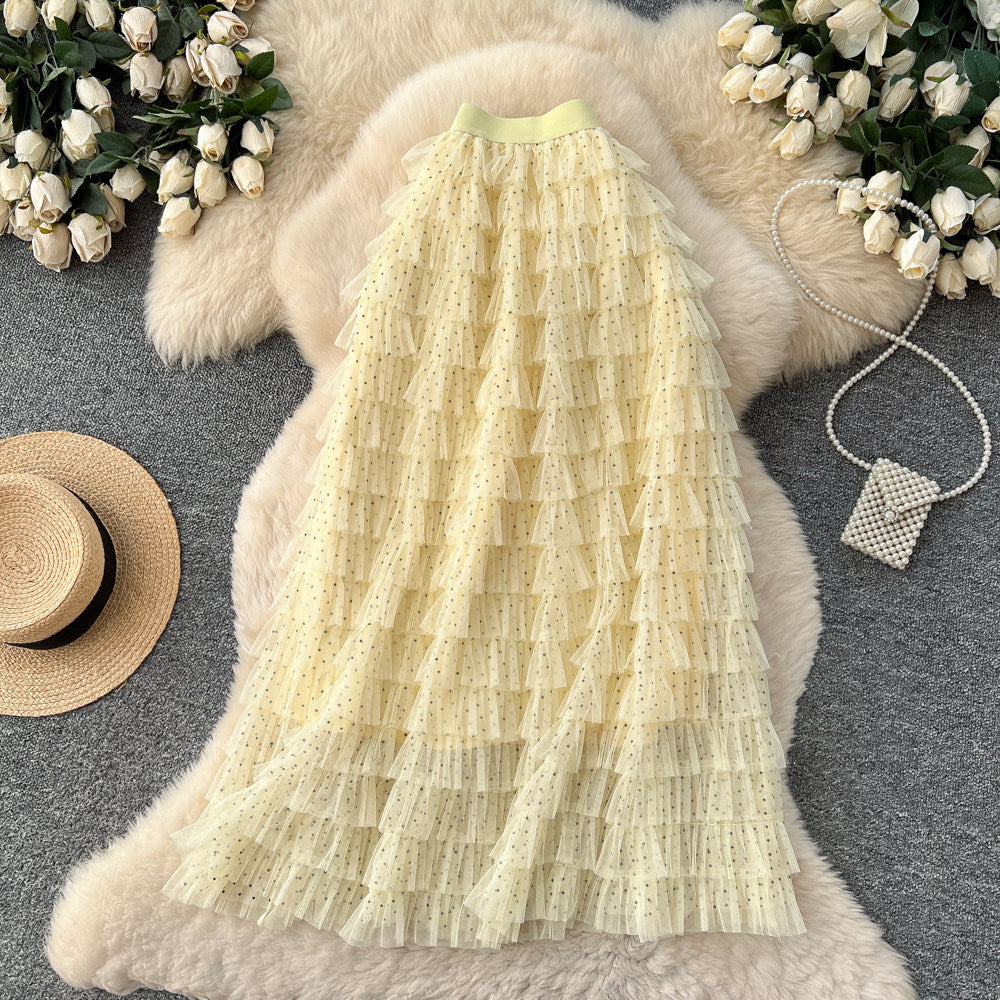 Fairy style high waist mesh patchwork cake skirt for women spring layered fluffy skirt slimming lookeasiest for matcha-line long skirt