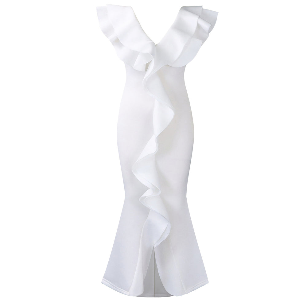 C8634 european and american cross-border fashion women's  summer dress - solid color v-neck ruffle hem slit mermaid maxi dress