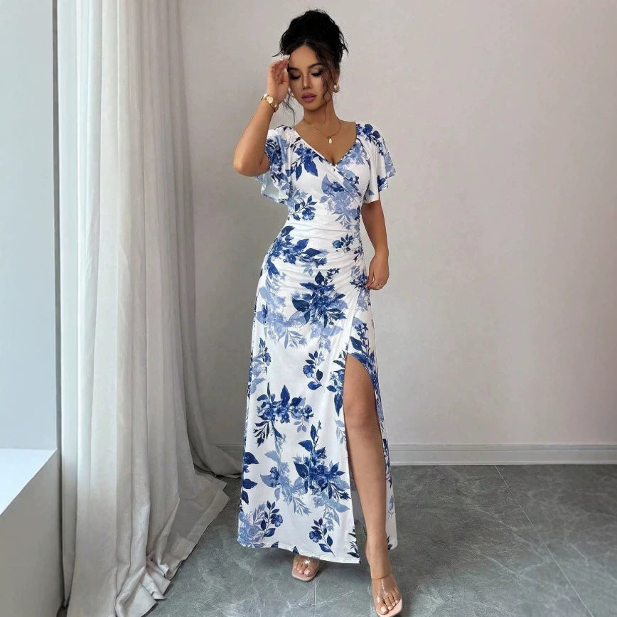 european and american cross-border summer v-neck floral print elegant maxi dress
